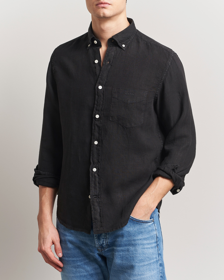 Men | Shirts | Gant | Regular Fit Garment Dyed Linen Shirt Black