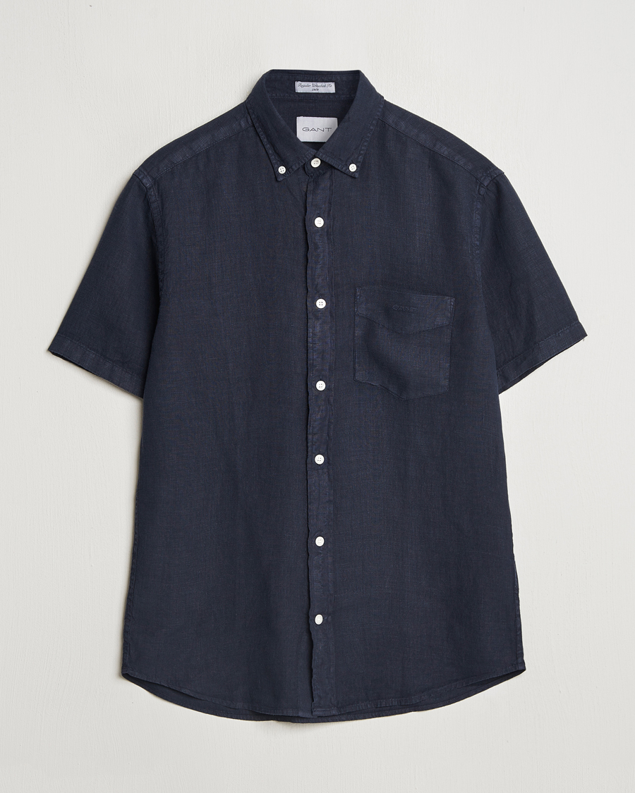 Men | Shirts | GANT | Regular Fit Garment Dyed Short Sleeve Linen Shirt Evening Blue