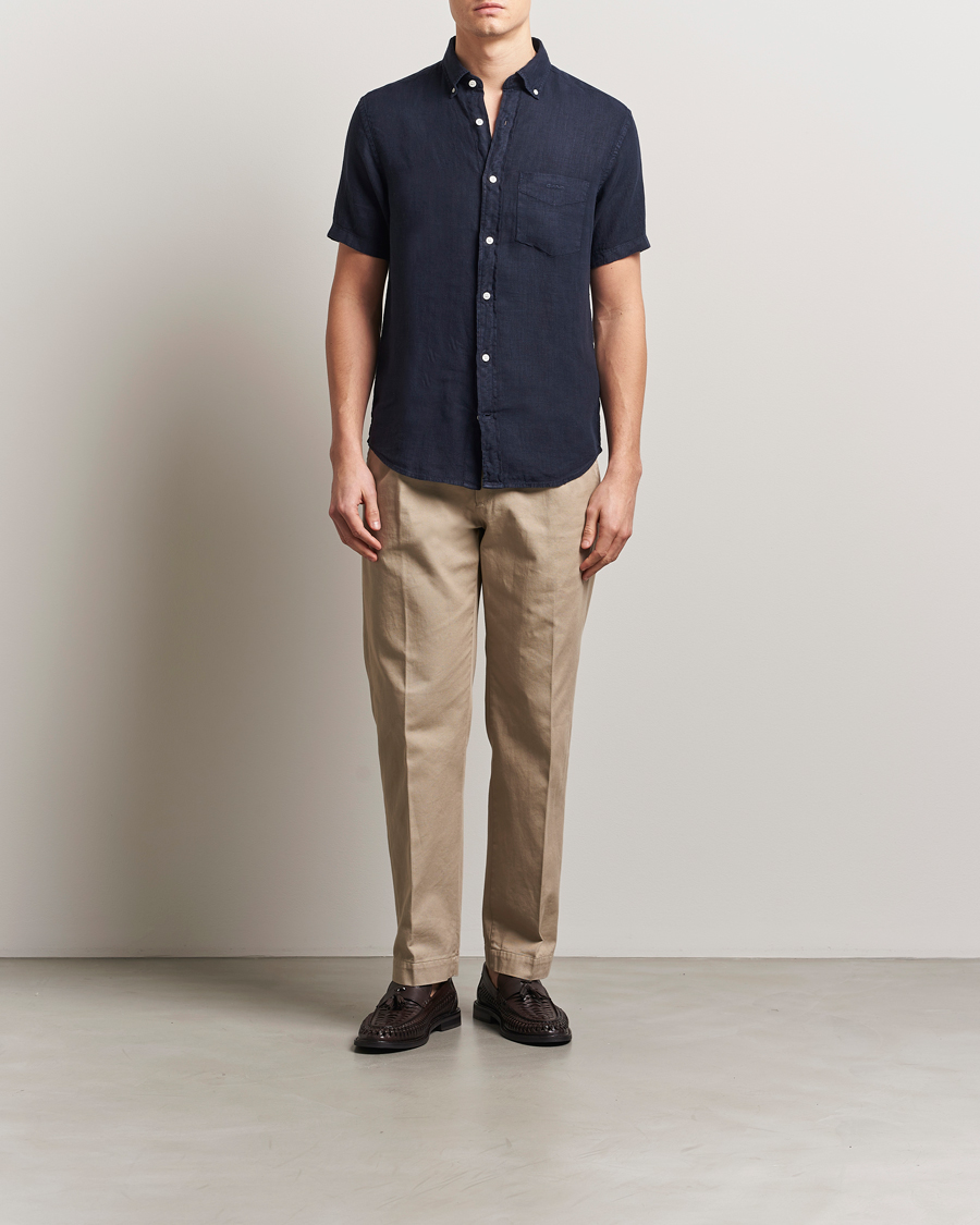 Men | Shirts | GANT | Regular Fit Garment Dyed Short Sleeve Linen Shirt Evening Blue