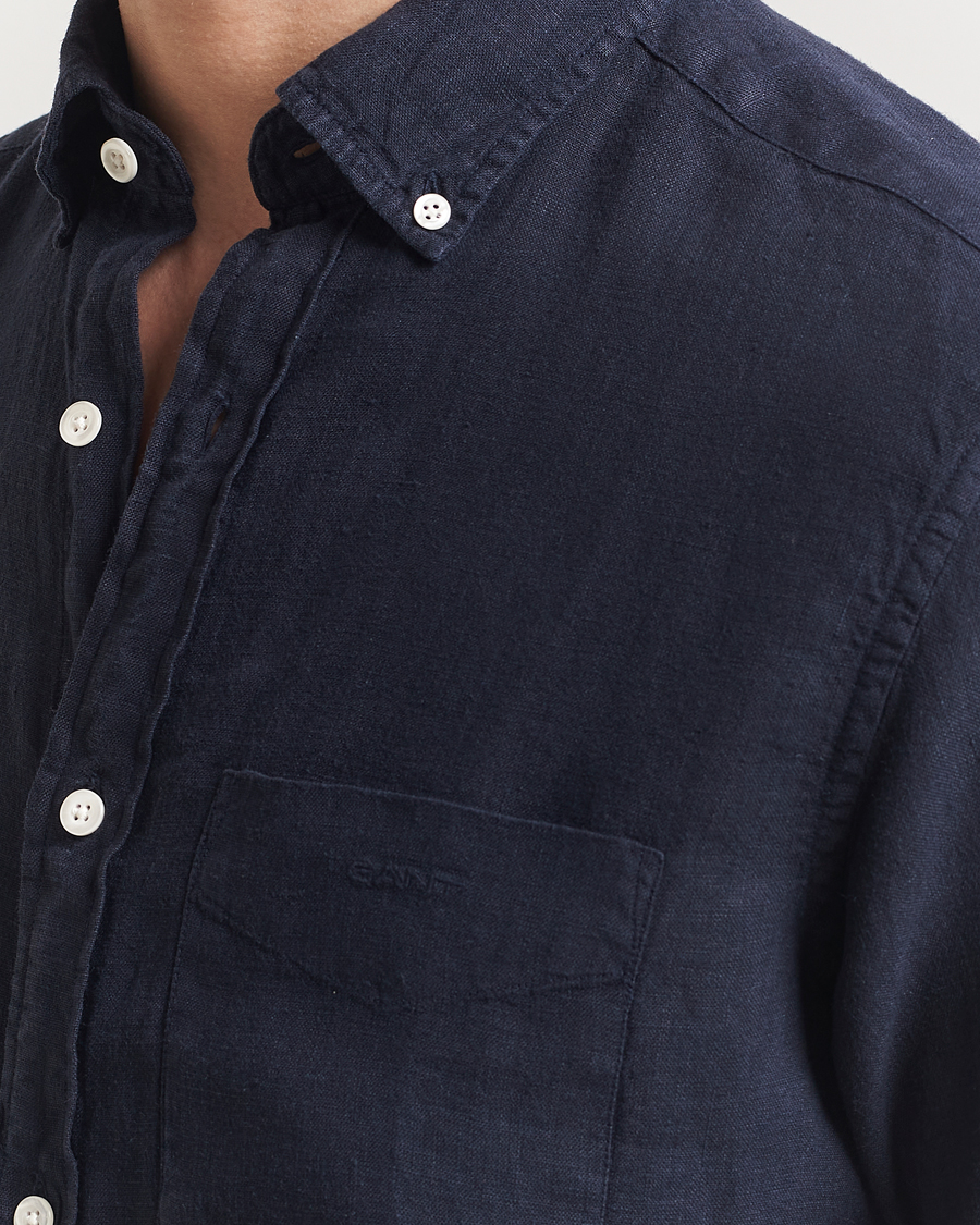 Men | Shirts | GANT | Regular Fit Garment Dyed Short Sleeve Linen Shirt Evening Blue