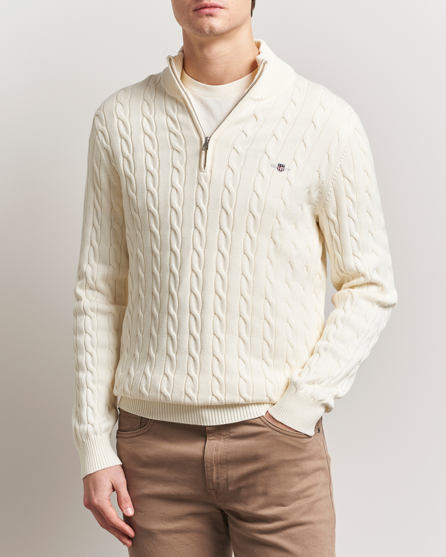 Men | Sweaters & Knitwear | Gant | Cotton Cable Half Zip Cream