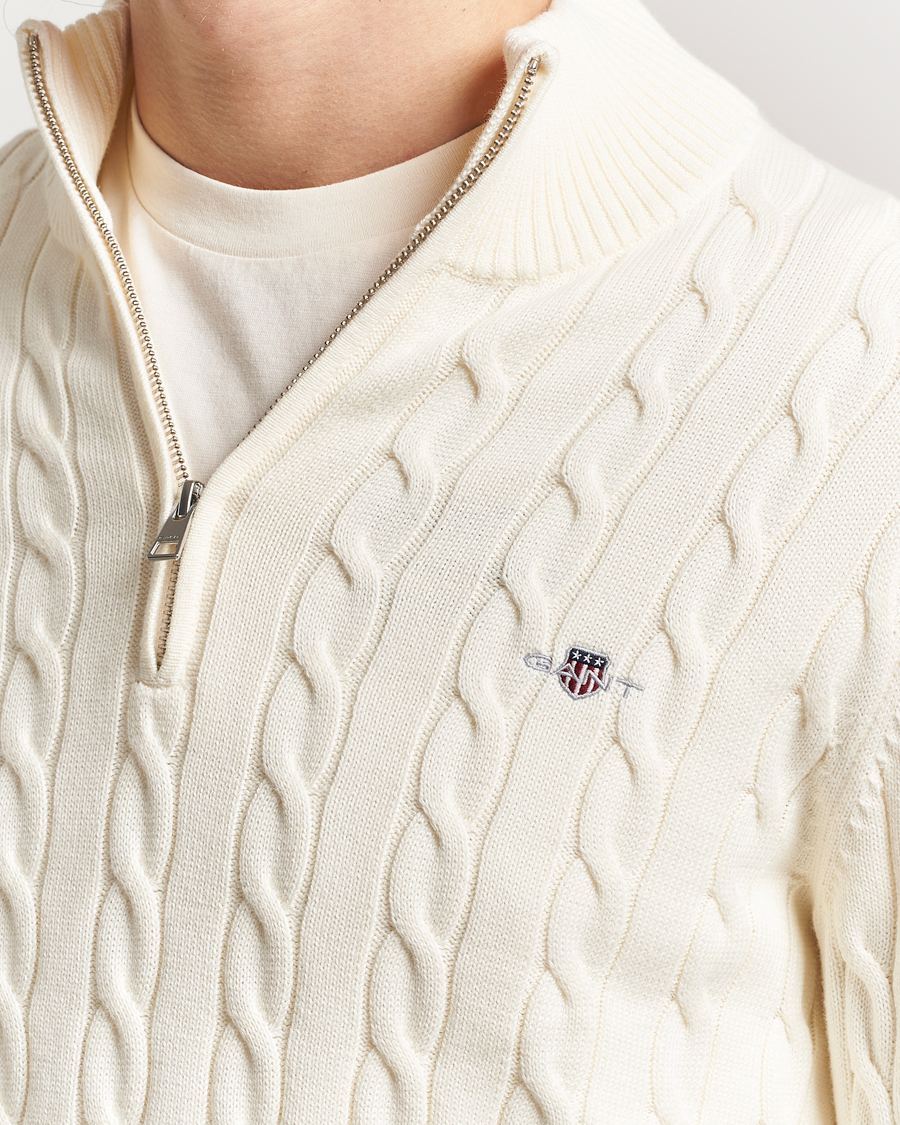 Men | Sweaters & Knitwear | GANT | Cotton Cable Half Zip Cream