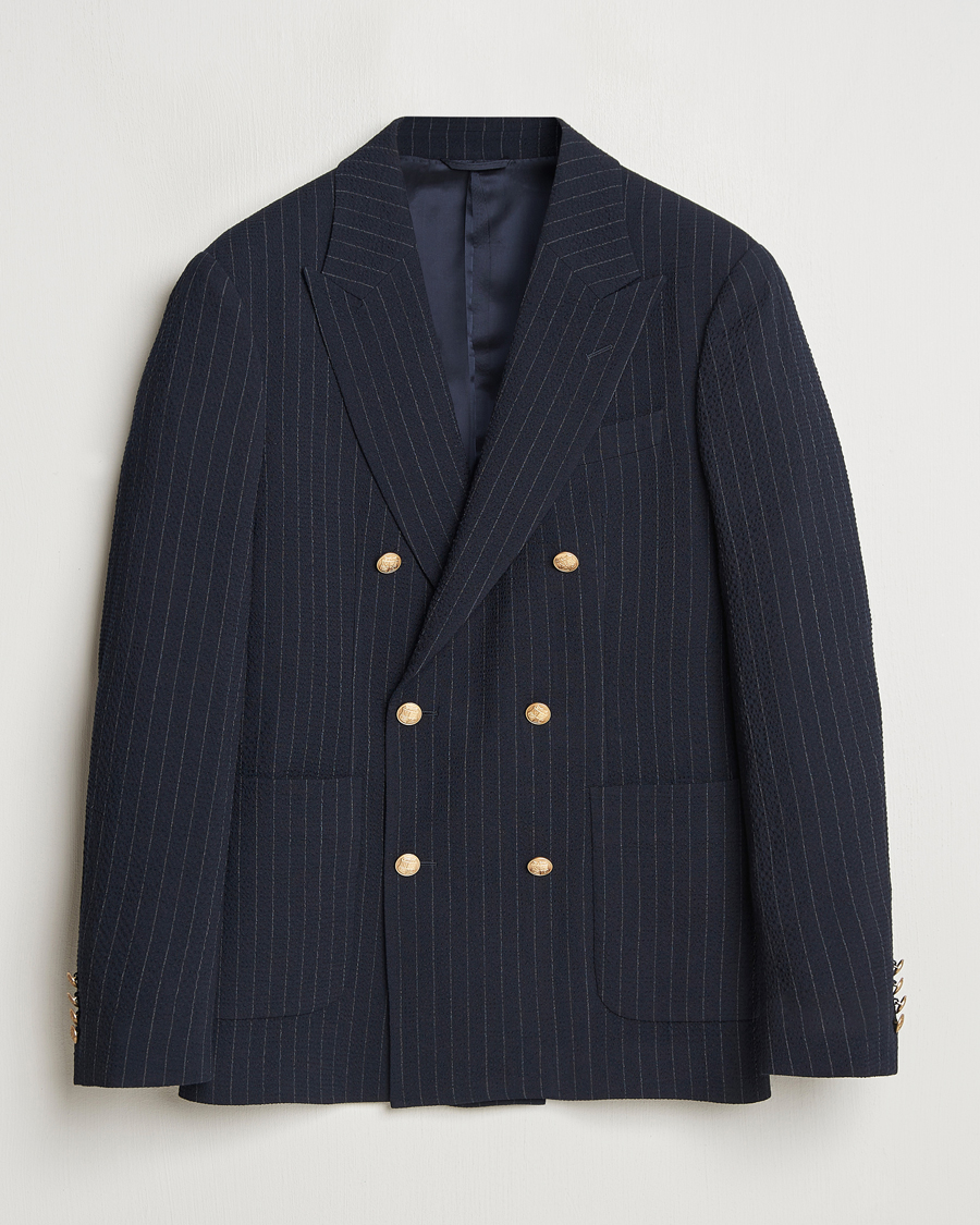 Men | Blazers | GANT | Slim Fit Seersucker Double Breasted Blazer Evening Blue