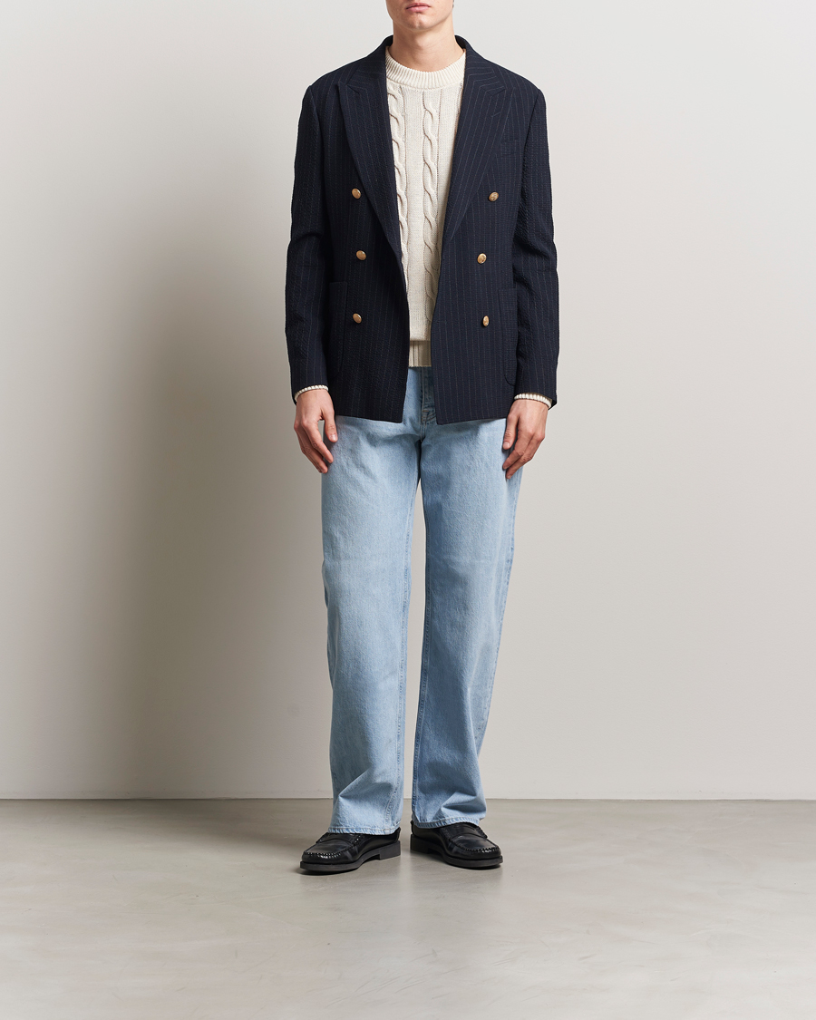 Men | Blazers | GANT | Slim Fit Seersucker Double Breasted Blazer Evening Blue