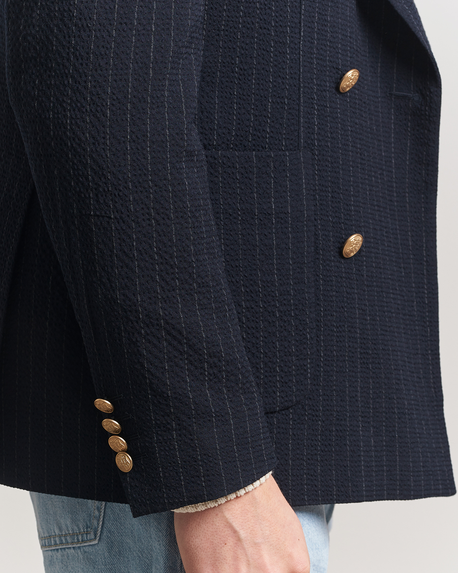 Men | Blazers | GANT | Slim Fit Seersucker Double Breasted Blazer Evening Blue