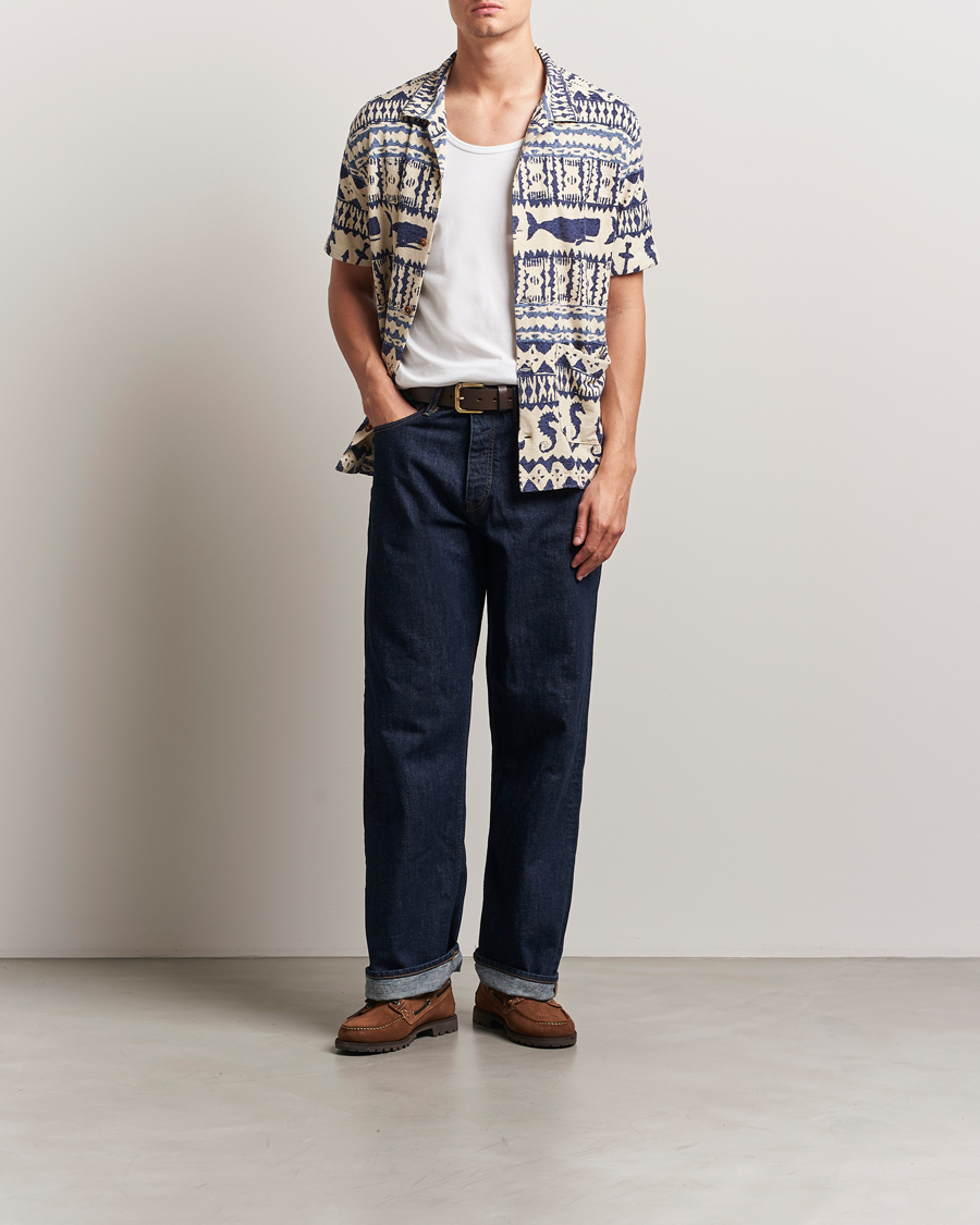 RRL Ryan Short Sleeve Shirt Cream/Navy at CareOfCarl.com