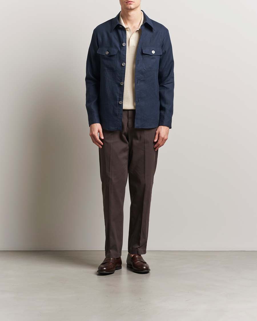 Men | Shirts | Oscar Jacobson | Maverick Linen Shirt Jacket Navy
