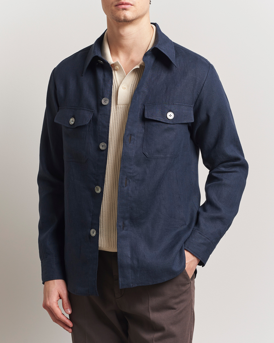Men | Shirts | Oscar Jacobson | Maverick Linen Shirt Jacket Navy