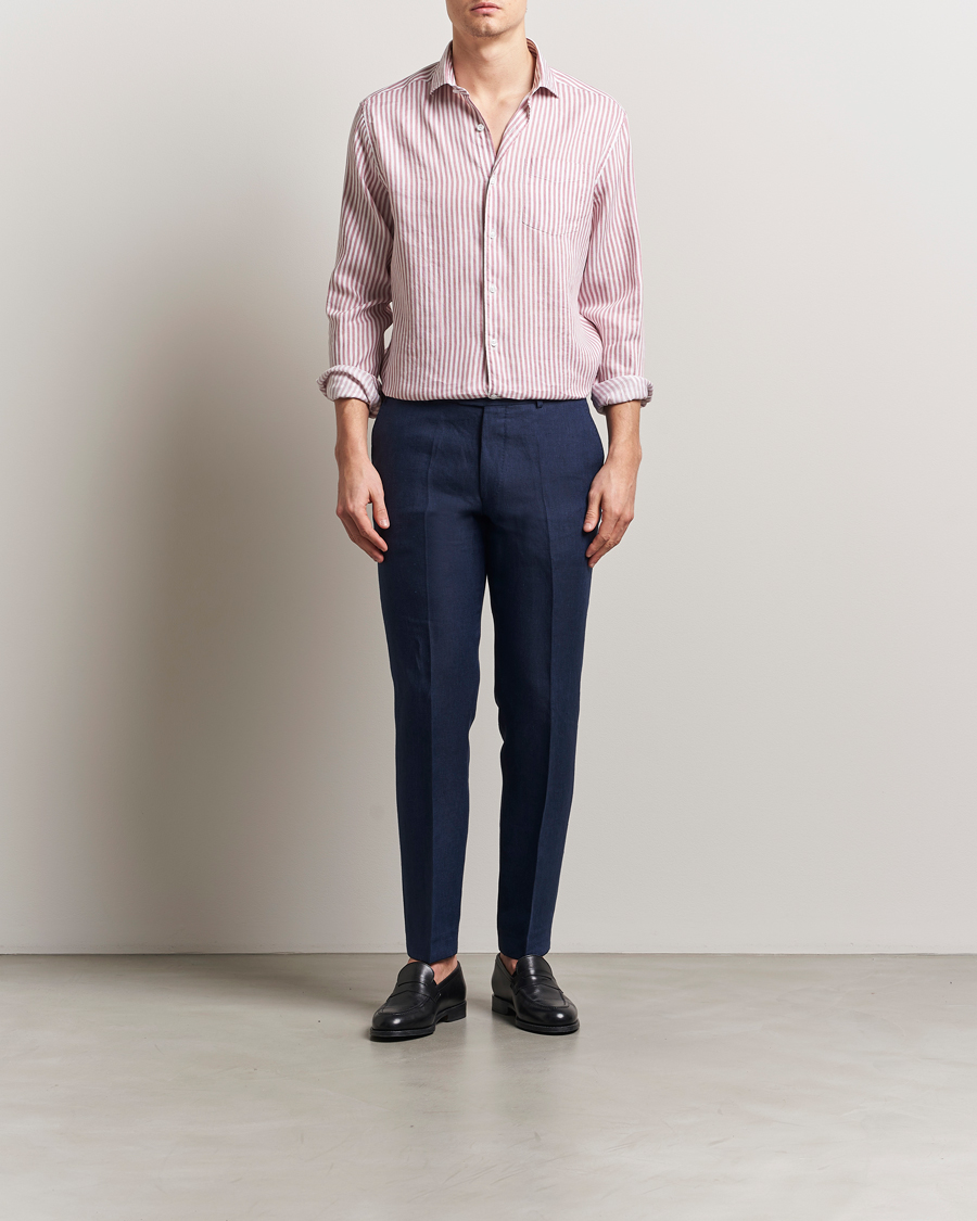 Men | Shirts | Oscar Jacobson | Wide Spread Linen/Cotton Venetian Stripe Shirt Red