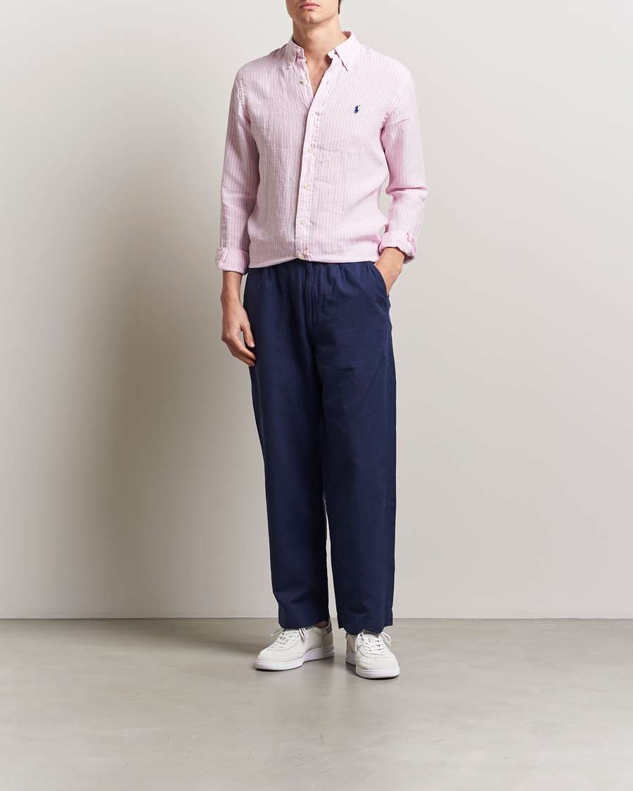 Men | Shirts | Polo Ralph Lauren | Custom Fit Striped Linen Shirt Pink/White
