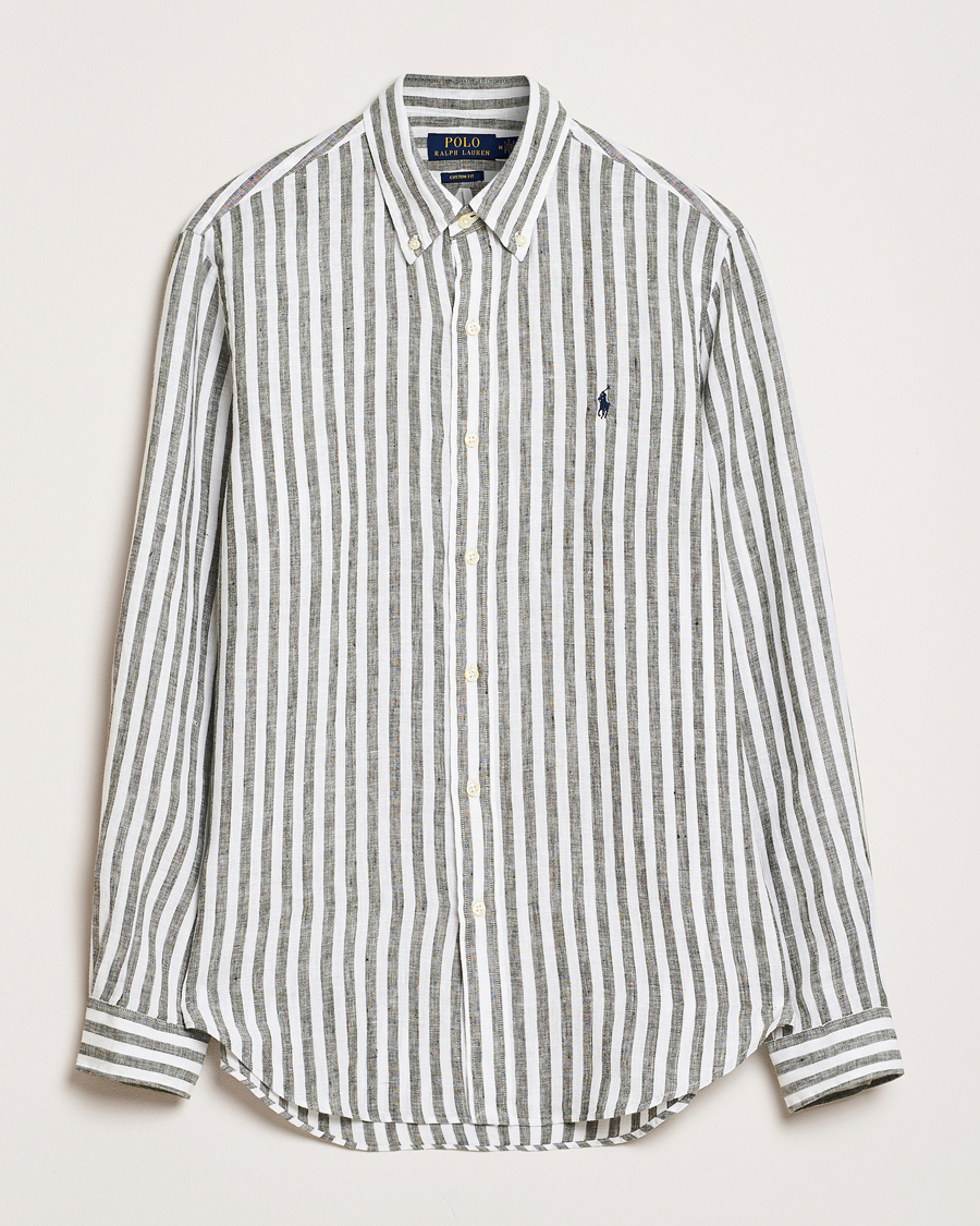 Men | Shirts | Polo Ralph Lauren | Custom Fit Striped Linen Shirt New Olive/White