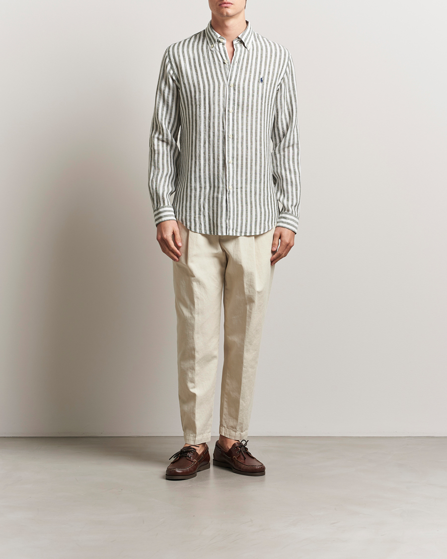 Men | Shirts | Polo Ralph Lauren | Custom Fit Striped Linen Shirt New Olive/White