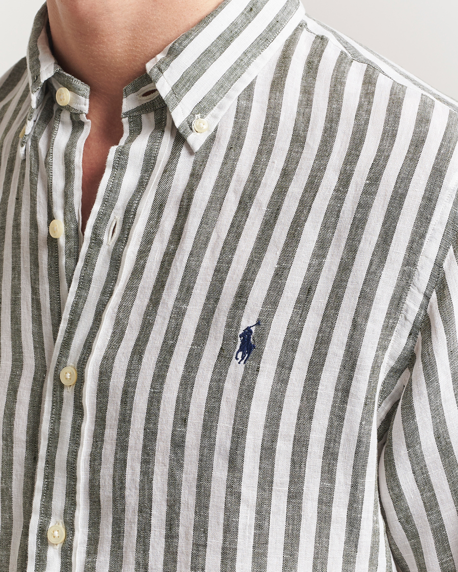 Men | Shirts | Polo Ralph Lauren | Custom Fit Striped Linen Shirt New Olive/White