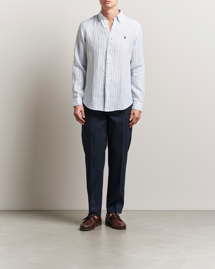 Men | Shirts | Polo Ralph Lauren | Custom Fit Striped Linen Shirt Office Blue/White