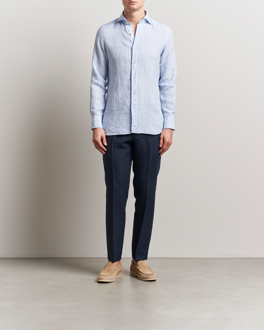 Finamore Napoli Gaeta Linen Shirt Blue Stripe at CareOfCarl.com