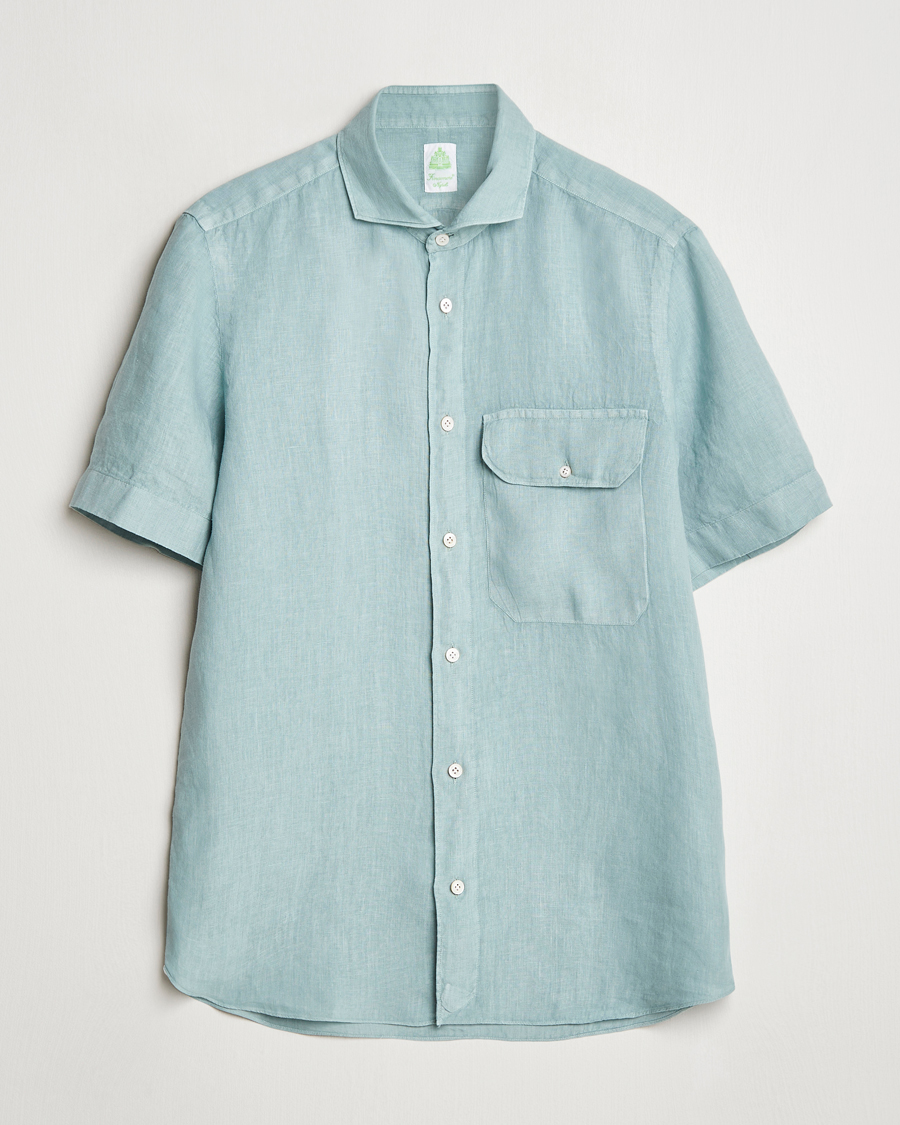 Men | Shirts | Finamore Napoli | Linen Short Sleeve Sport Shirt Teal