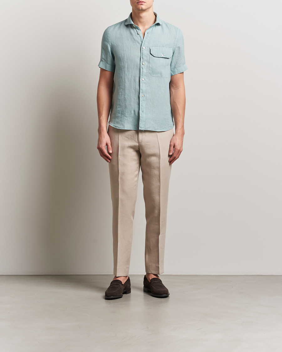 Men | Shirts | Finamore Napoli | Linen Short Sleeve Sport Shirt Teal