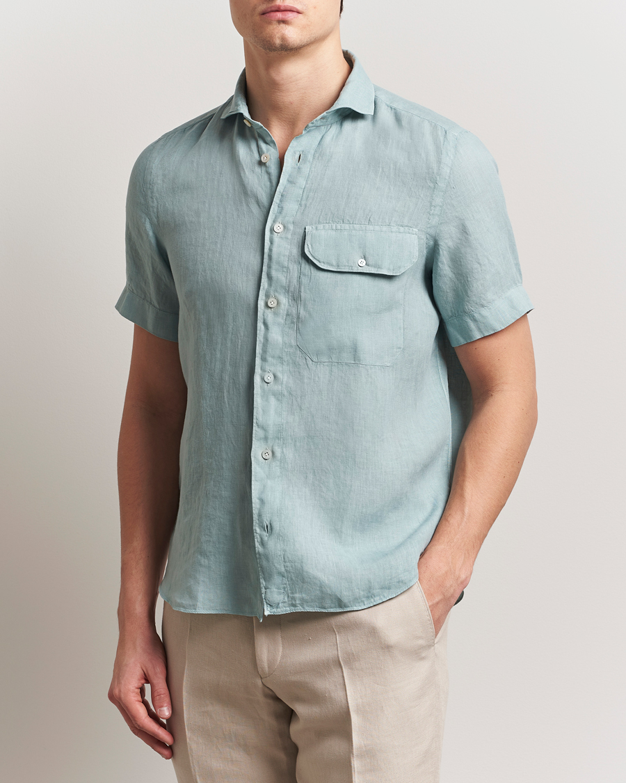 Men | Shirts | Finamore Napoli | Linen Short Sleeve Sport Shirt Teal