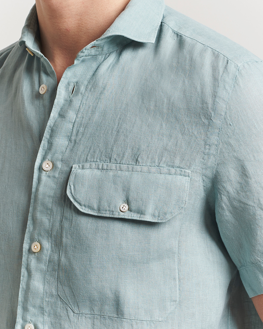 Men | Shirts | Finamore Napoli | Linen Short Sleeve Sport Shirt Teal