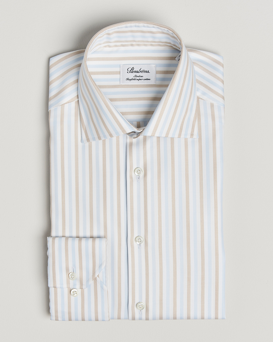 Men | Shirts | Stenströms | Slimline Multi Striped Twill Shirt Blue/Beige
