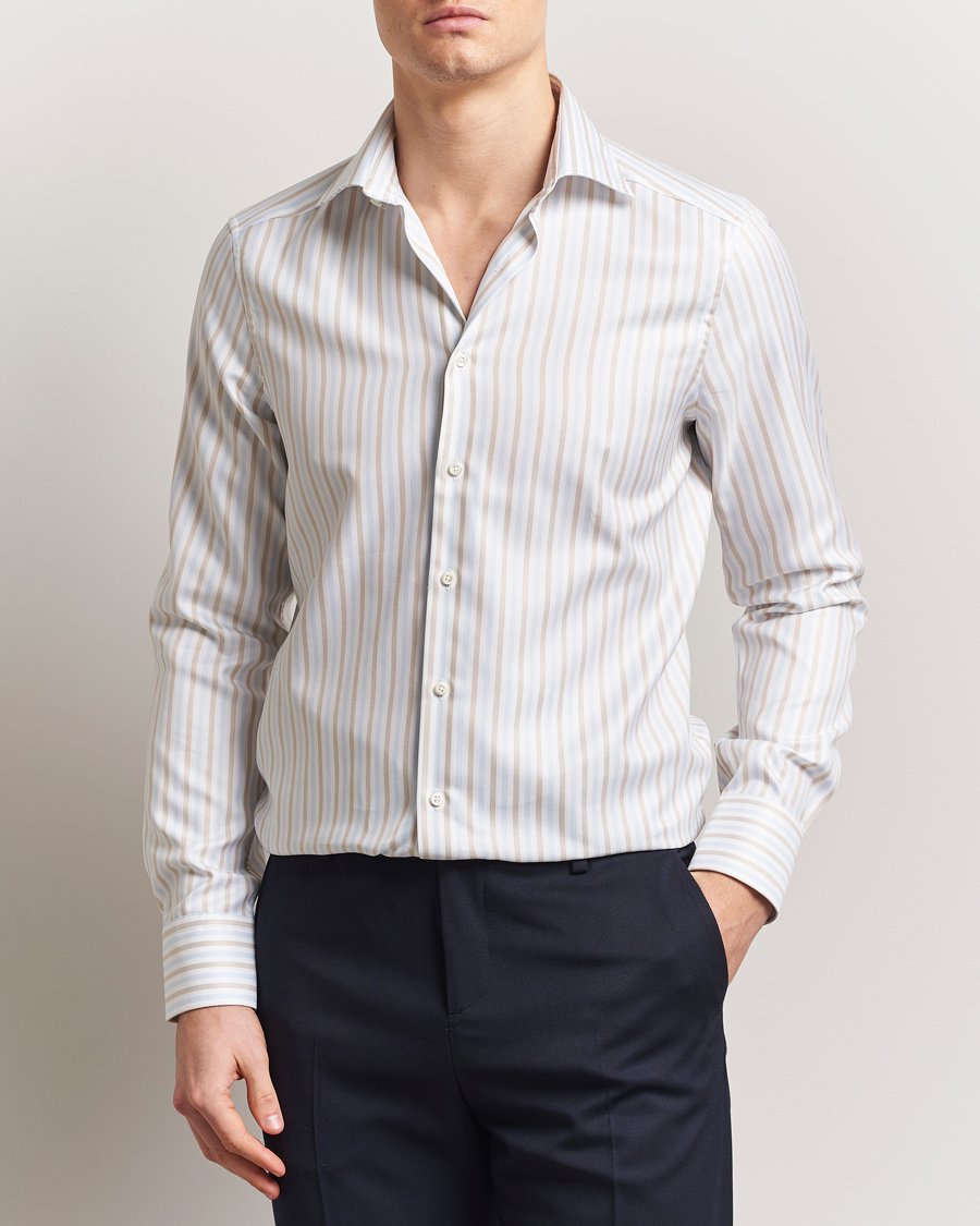 Men | Shirts | Stenströms | Slimline Multi Striped Twill Shirt Blue/Beige
