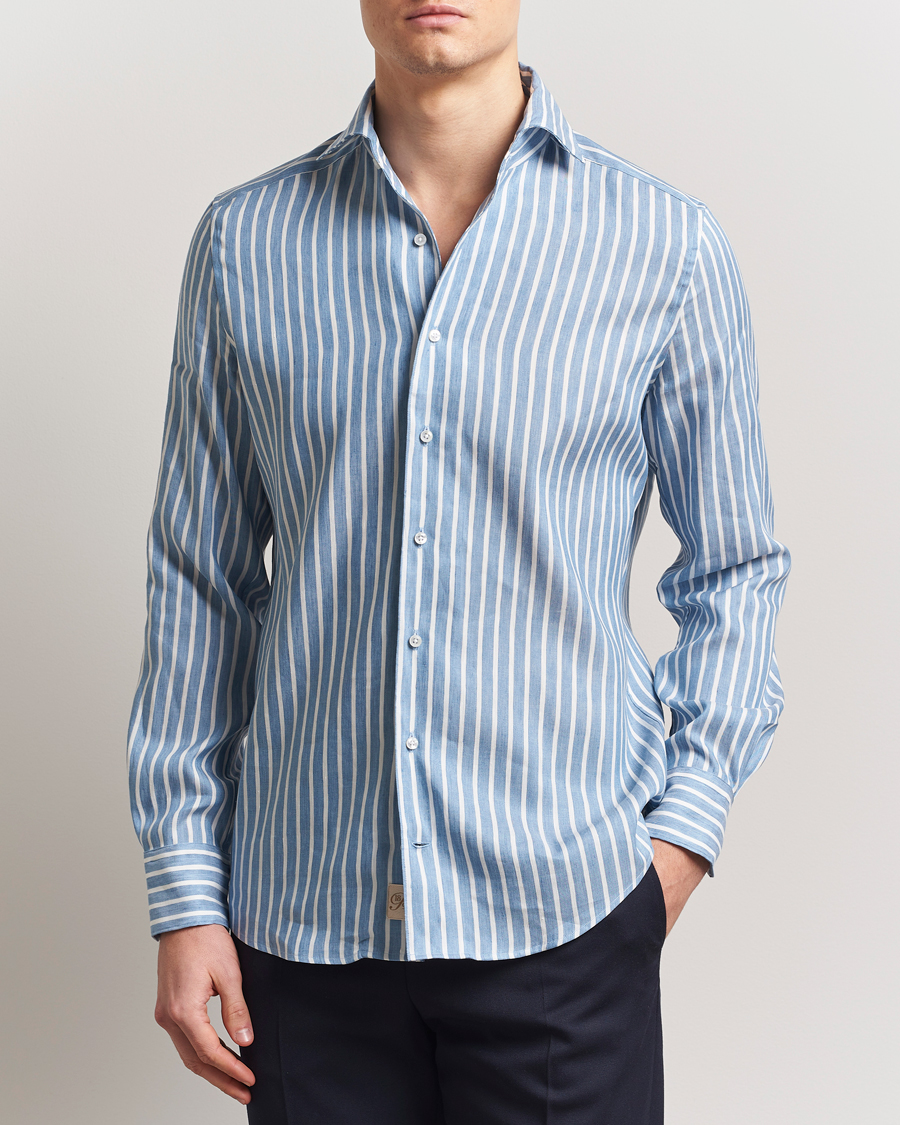 Men | Shirts | Stenströms | 1899 Slimline Striped Linen/Lyocell Shirt Blue