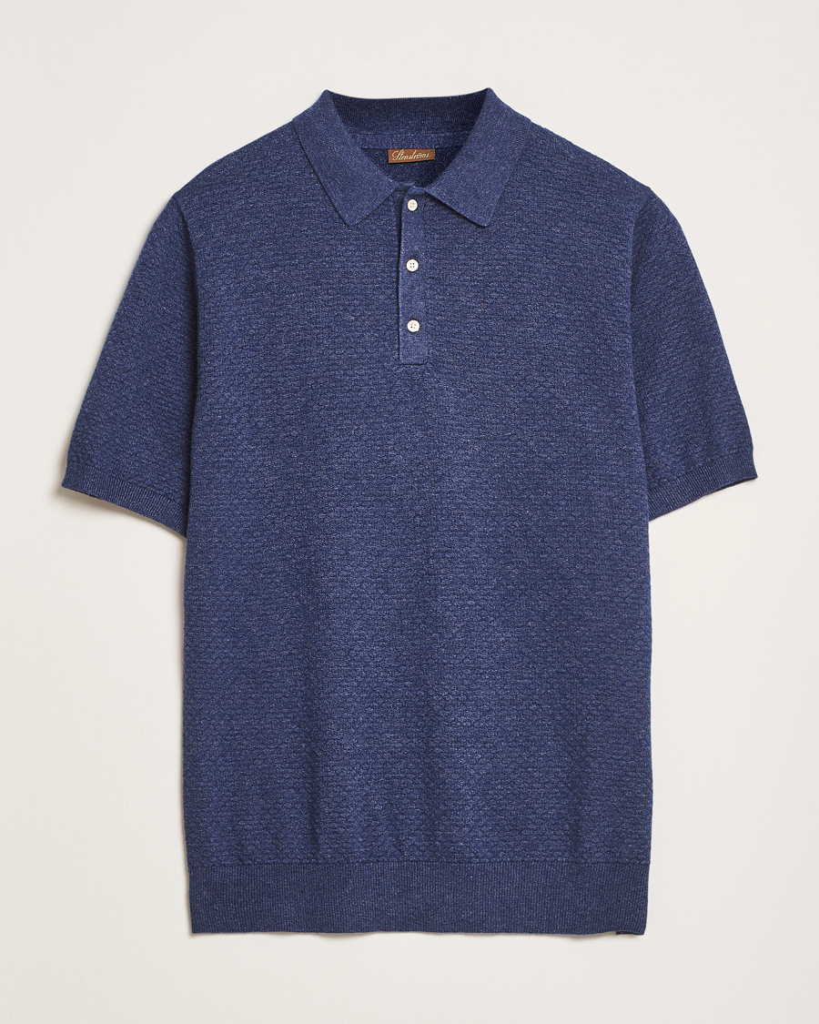 Men | Polo Shirts | Stenströms | Knitted Textured Cotton/Hemp Polo Navy