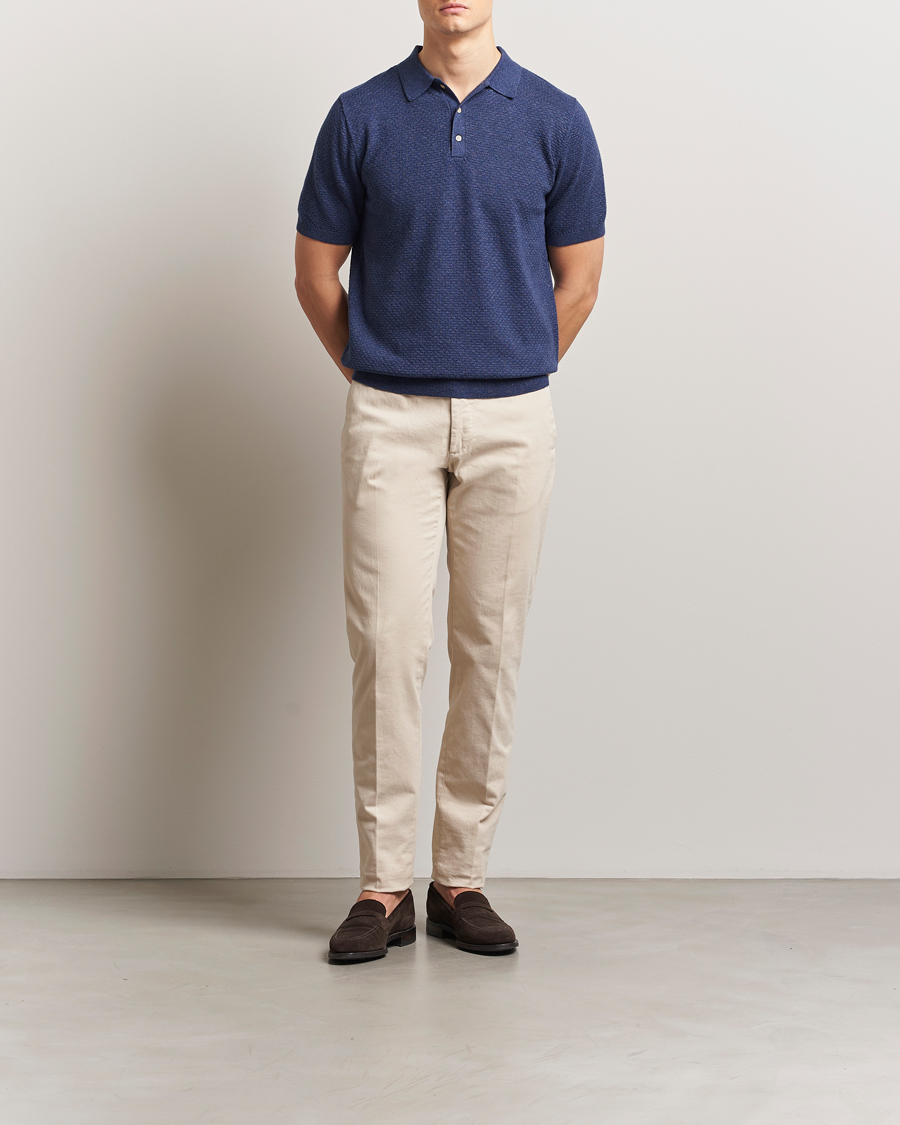 Men | Polo Shirts | Stenströms | Knitted Textured Cotton/Hemp Polo Navy