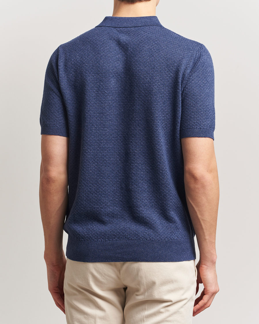 Men | Polo Shirts | Stenströms | Knitted Textured Cotton/Hemp Polo Navy