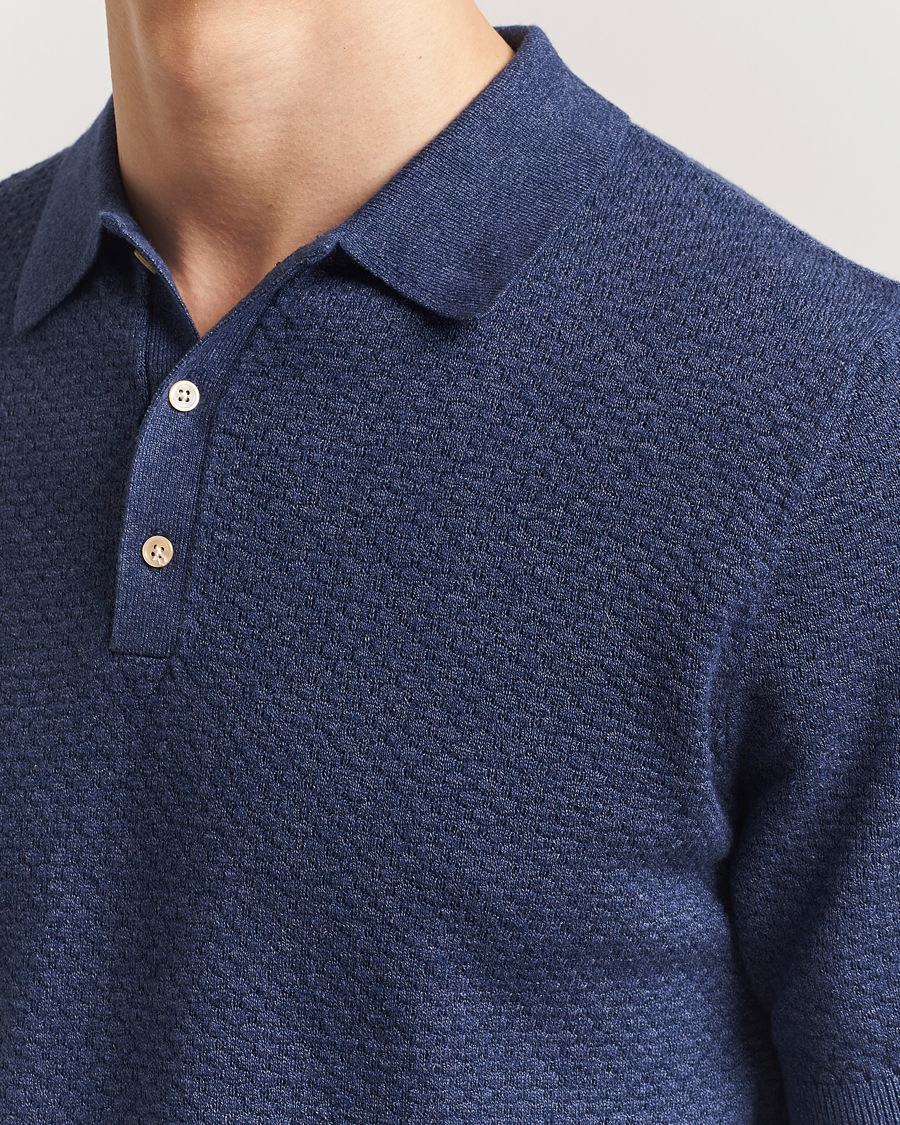 Men | Polo Shirts | Stenströms | Knitted Textured Cotton/Hemp Polo Navy