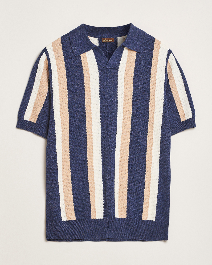 Men | Polo Shirts | Stenströms | Knitted Textured Striped Cotton/Hemp Polo Dark Blue