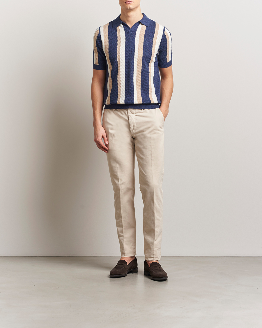 Men | Polo Shirts | Stenströms | Knitted Textured Striped Cotton/Hemp Polo Dark Blue