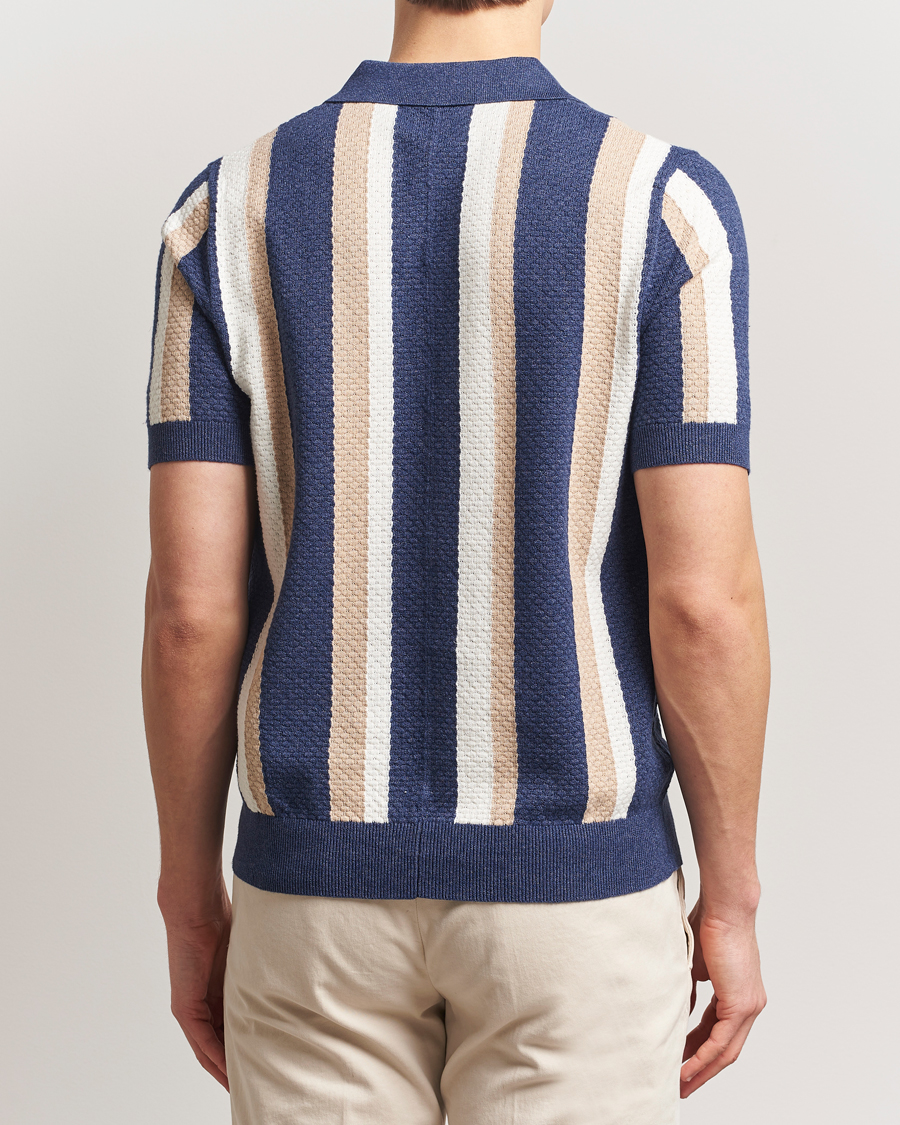 Men | Polo Shirts | Stenströms | Knitted Textured Striped Cotton/Hemp Polo Dark Blue
