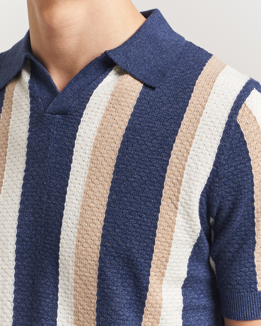 Men | Polo Shirts | Stenströms | Knitted Textured Striped Cotton/Hemp Polo Dark Blue