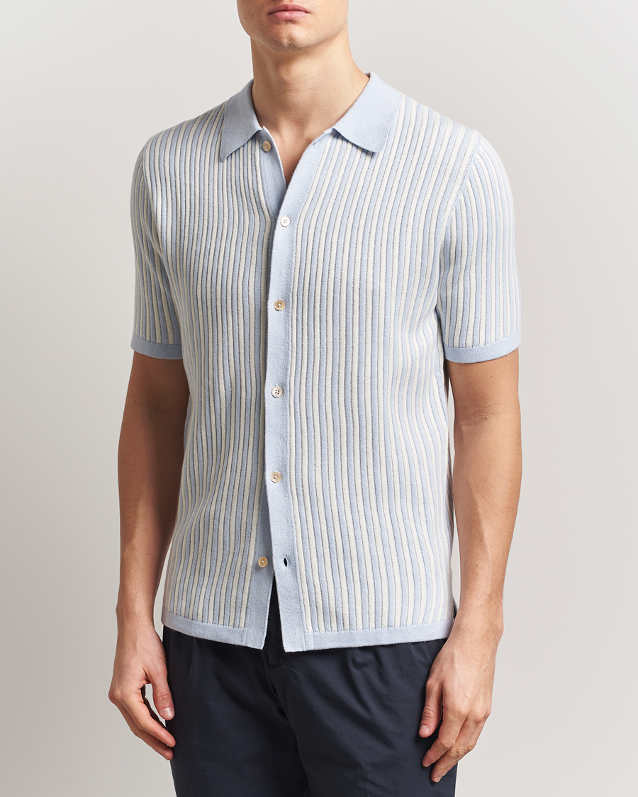 Men | Shirts | Stenströms | Knitted Buttonthru Polo Shirt White/Blue