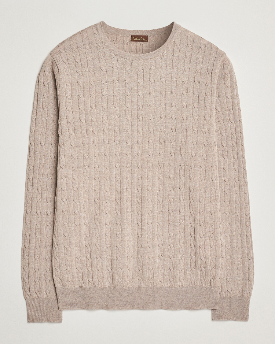 Men | Sweaters & Knitwear | Stenströms | Merino Cable Crew Neck Beige
