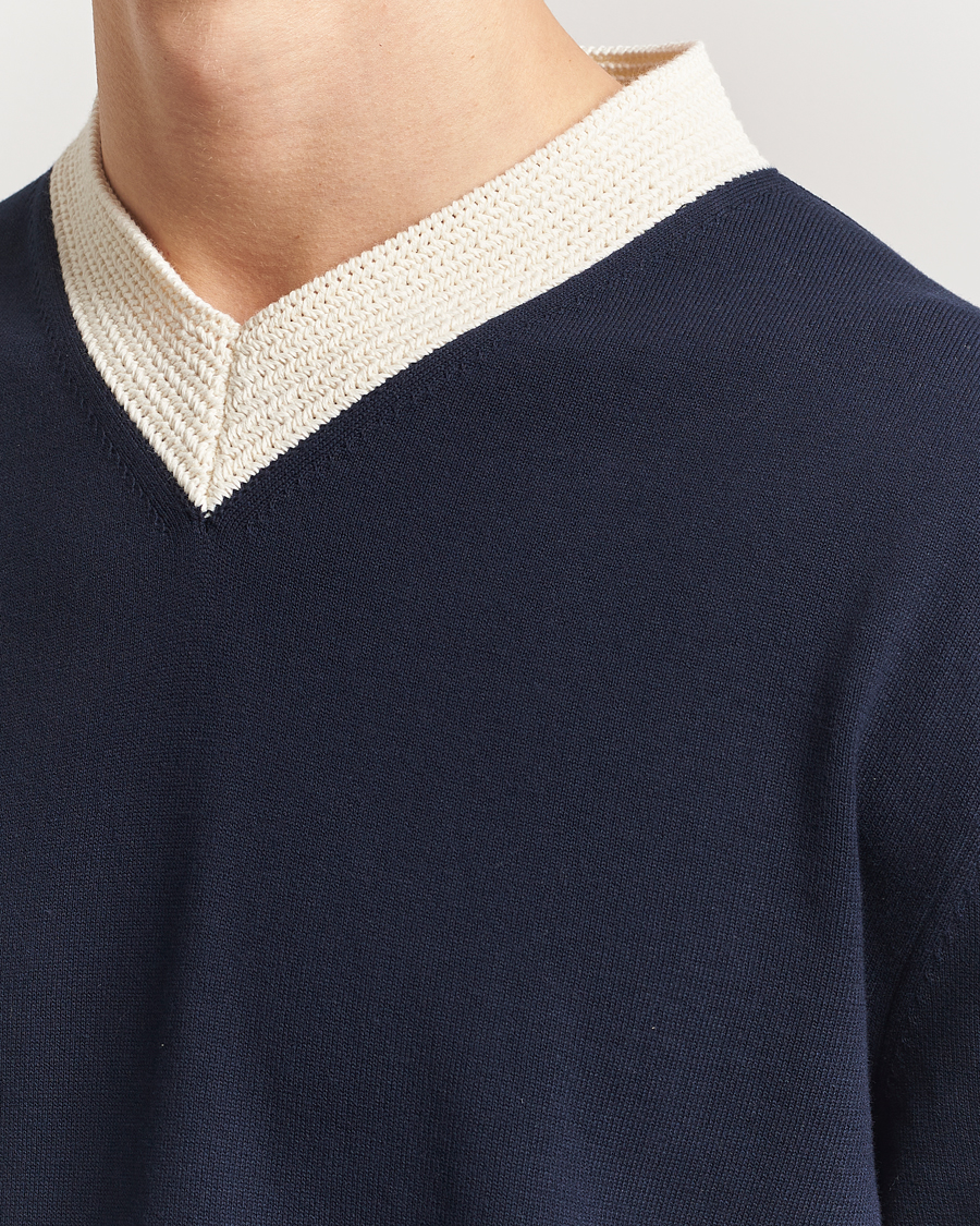 Jil Sander Contrast Trim V-Neck Sweater Navy at CareOfCarl.com