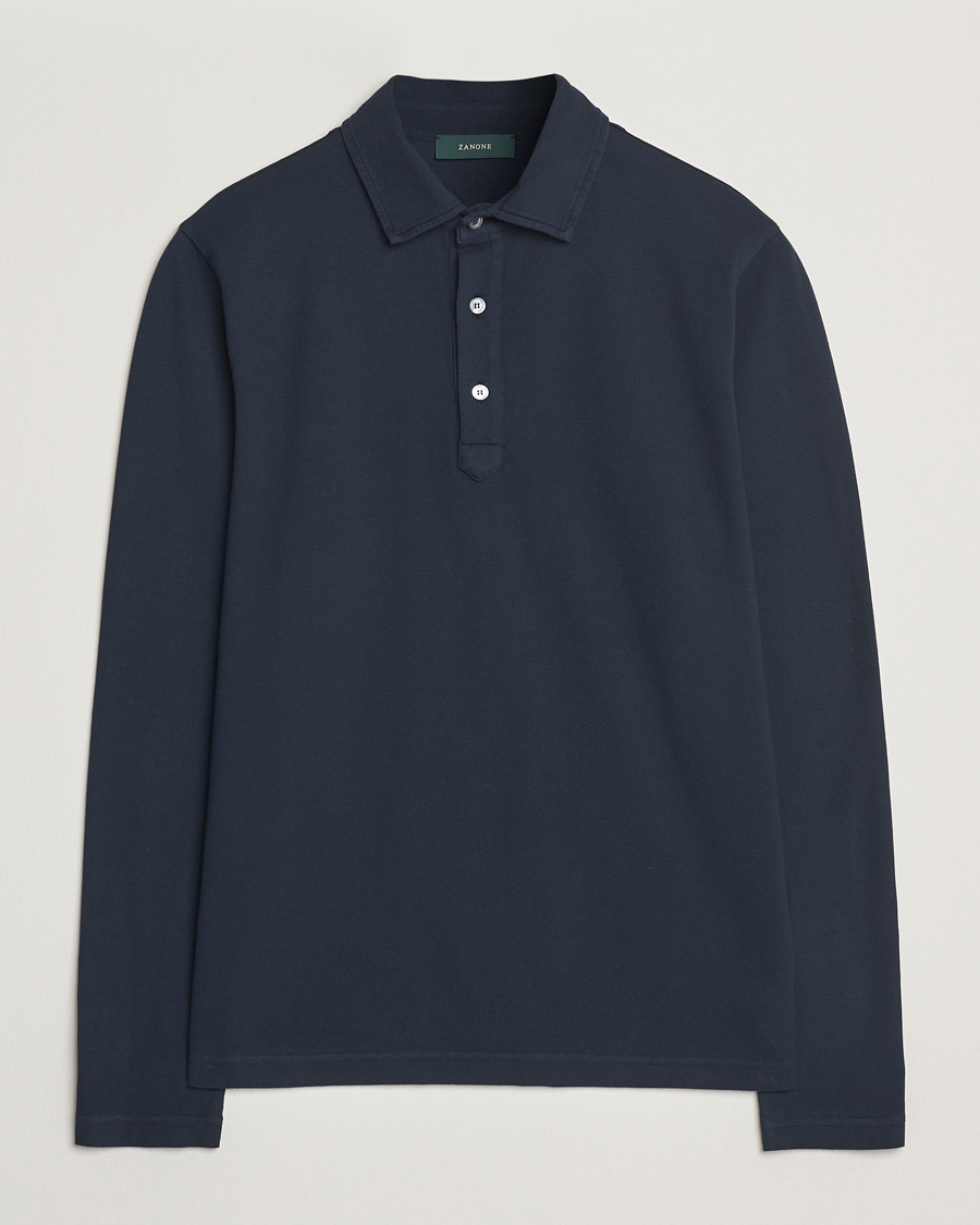 Men | Sweaters & Knitwear | Zanone | Soft Cotton Piquet Long Sleeve Polo Navy