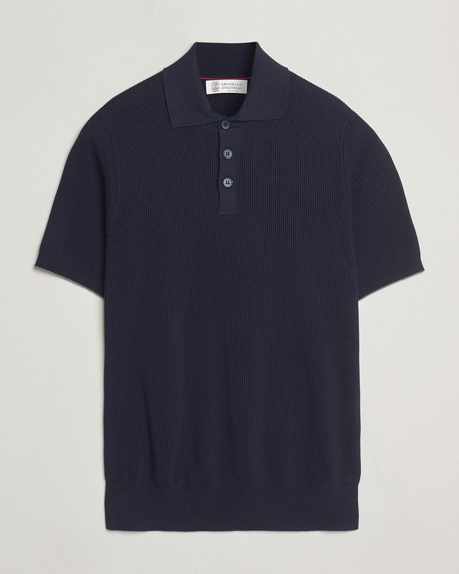 Men | Polo Shirts | Brunello Cucinelli | Cotton Rib Knitted Polo Navy