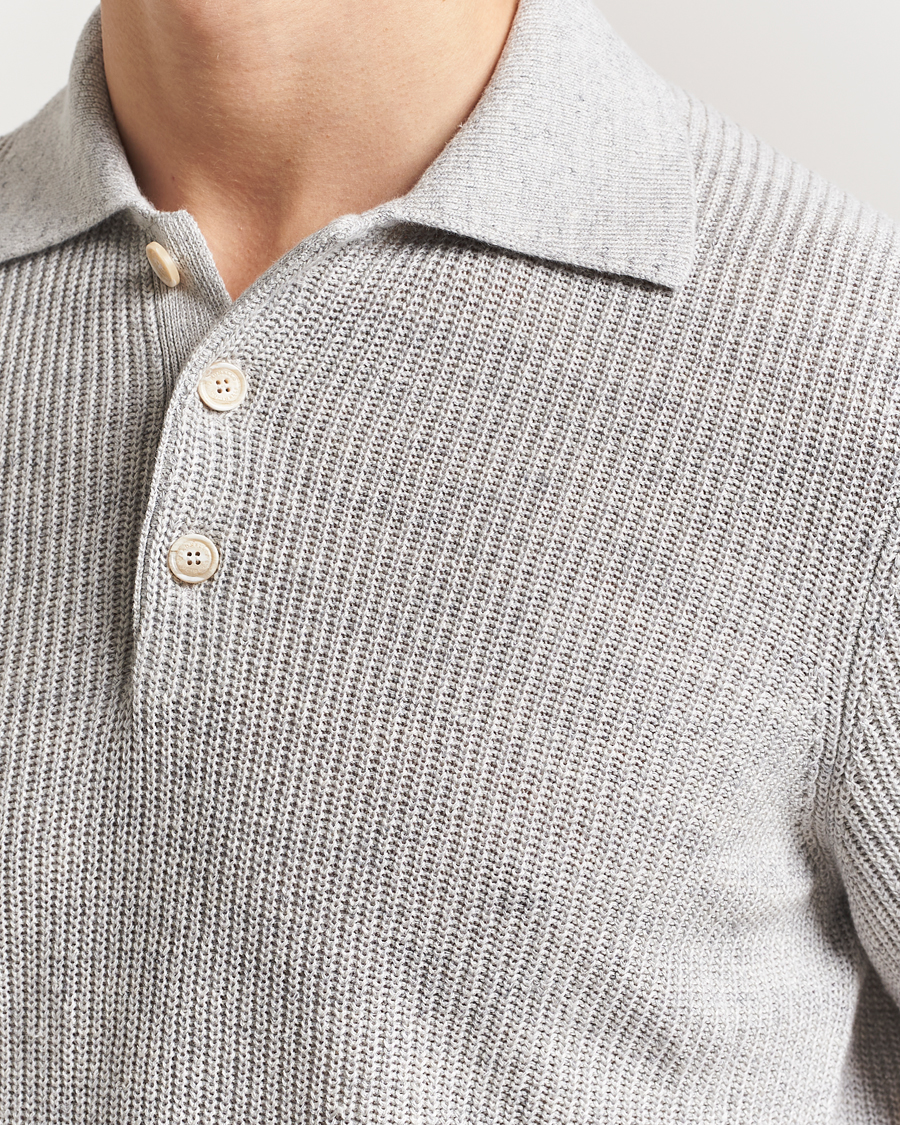 Brunello Cucinelli Linen Rib Knitted Polo Pearl Grey at CareOfCarl.com