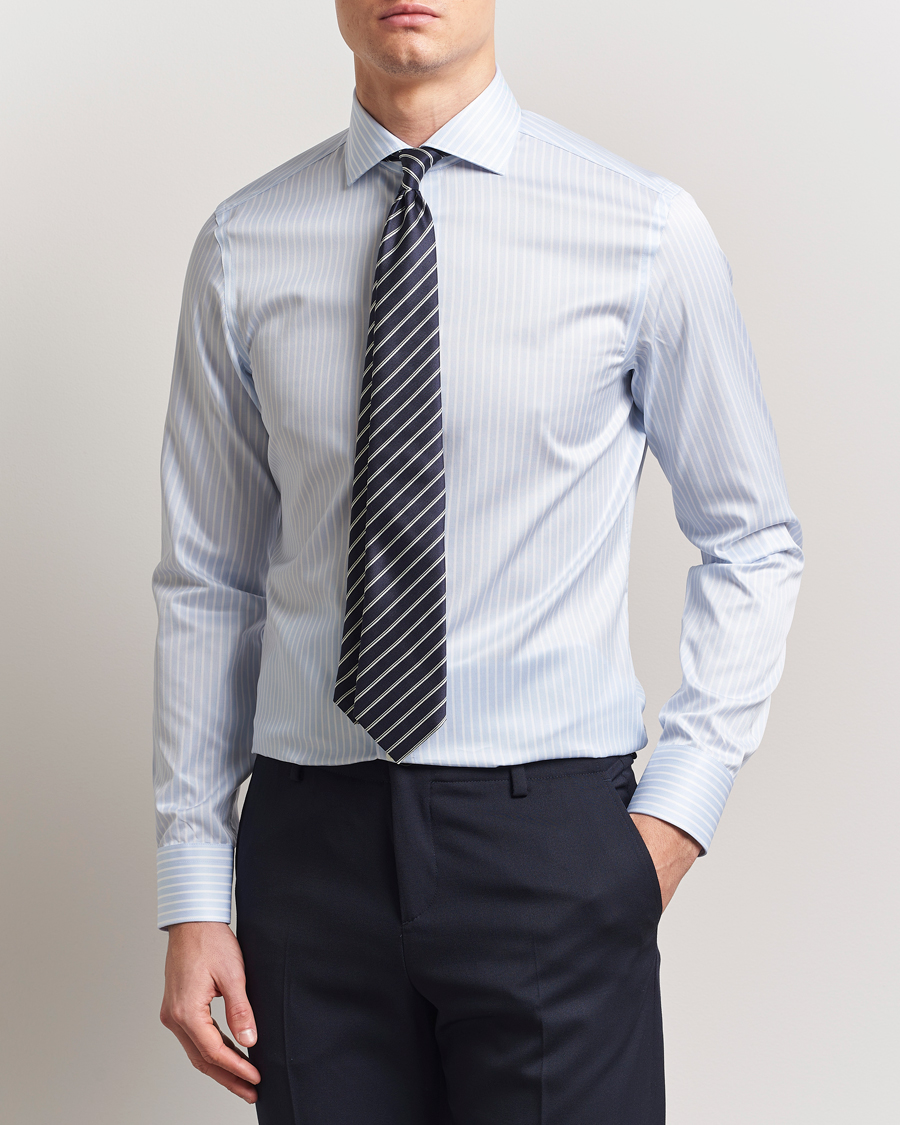Men | Shirts | Canali | Slim Fit Striped Cotton Shirt Light Blue