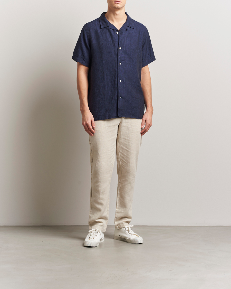 Men | Shirts | KnowledgeCotton Apparel | Short Sleeve Linen Resort Shirt Total Eclipse