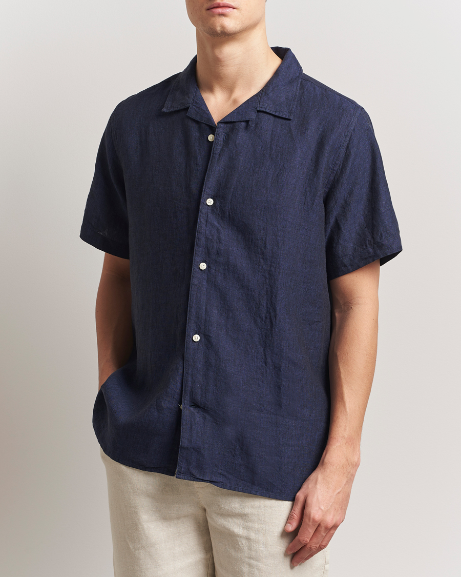 Men | Shirts | KnowledgeCotton Apparel | Short Sleeve Linen Resort Shirt Total Eclipse