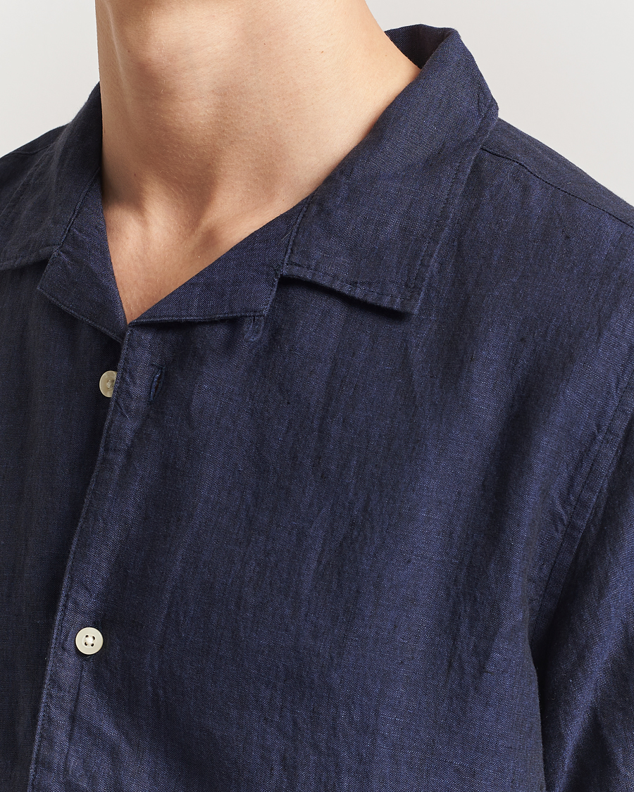 Men | Shirts | KnowledgeCotton Apparel | Short Sleeve Linen Resort Shirt Total Eclipse