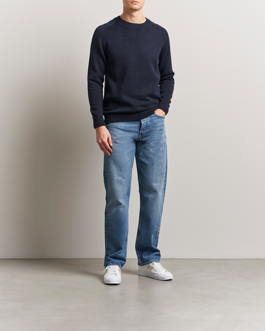 Men | Sweaters & Knitwear | KnowledgeCotton Apparel | Plain Knitted Cotton Crewneck Night Sky