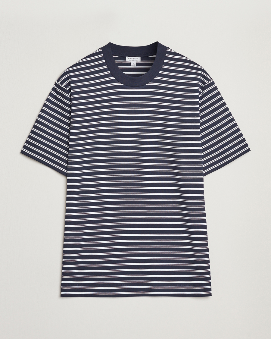 Men | T-Shirts | Sunspel | Heavy Weight Supima Cotton T-Shirt Navy/White