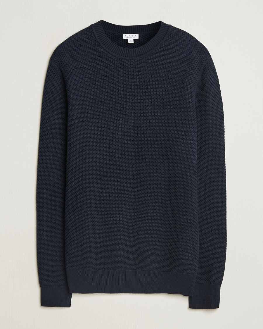 Men | Sweaters & Knitwear | Sunspel | Textured Stich Crew Neck Jumper Navy