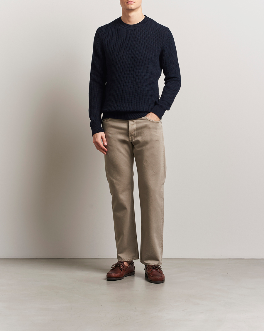 Men | Sweaters & Knitwear | Sunspel | Textured Stich Crew Neck Jumper Navy