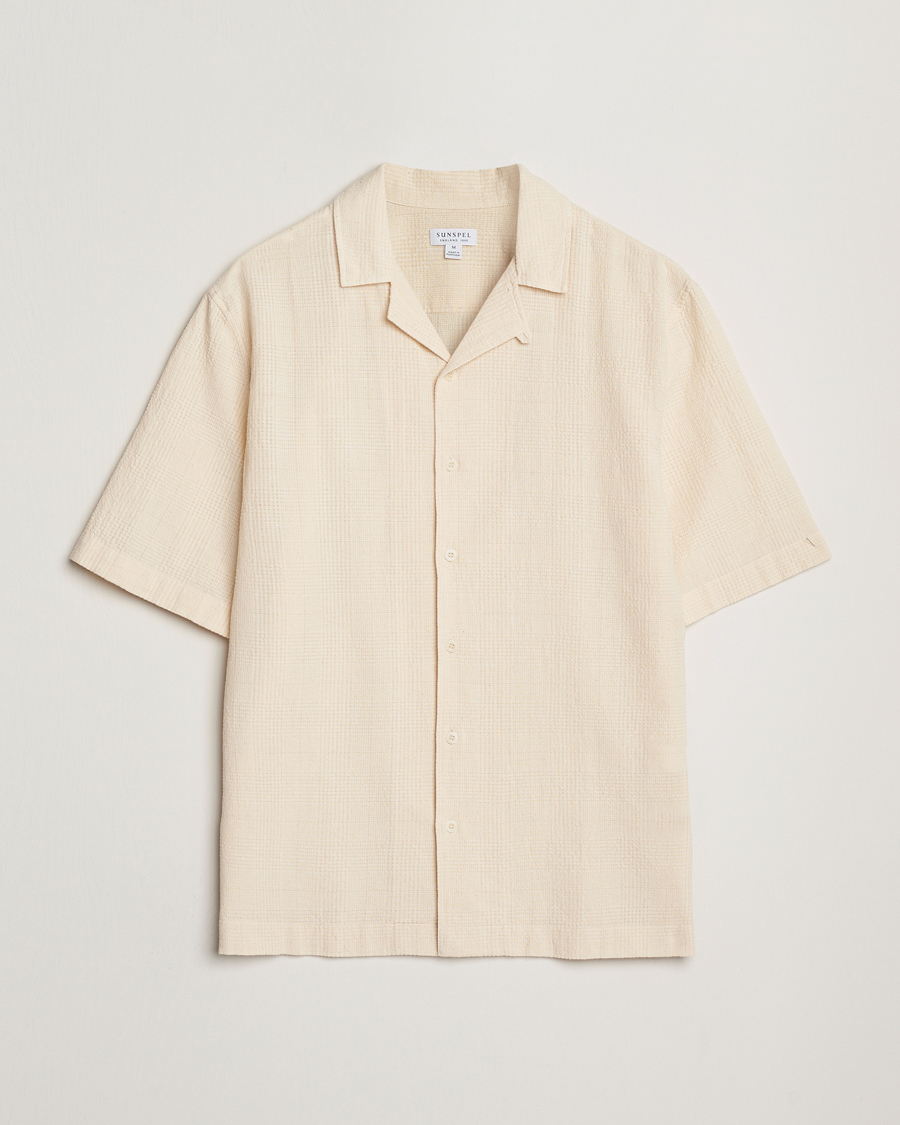 Men | Shirts | Sunspel | Loose Weave Check Cotton Camp Shirt Ecru