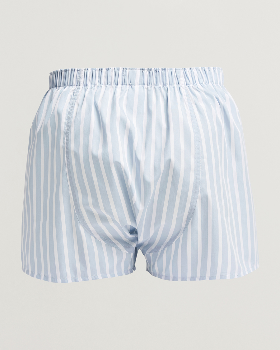 Men | Underwear & Socks | Sunspel | Classic Woven Cotton Boxer Shorts Sky Blue Barstripe